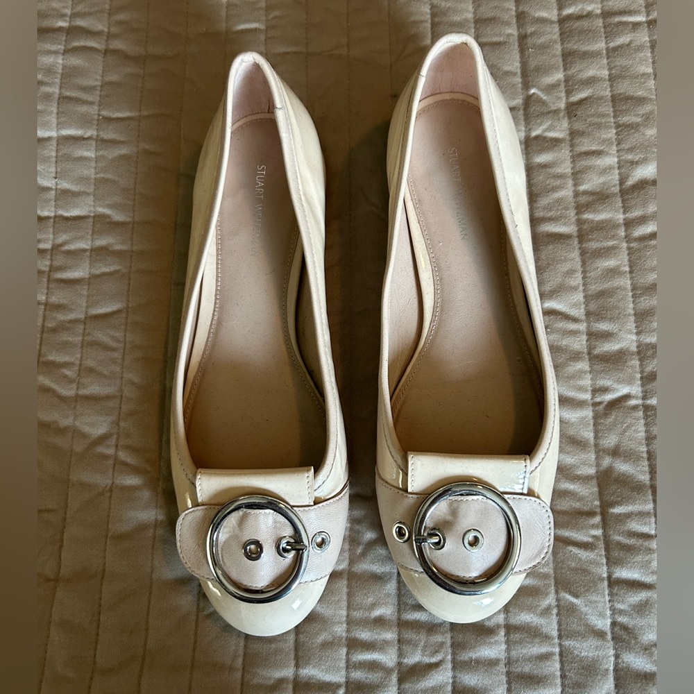 Stuart Weitzman Beige Flats with Silver Buckle